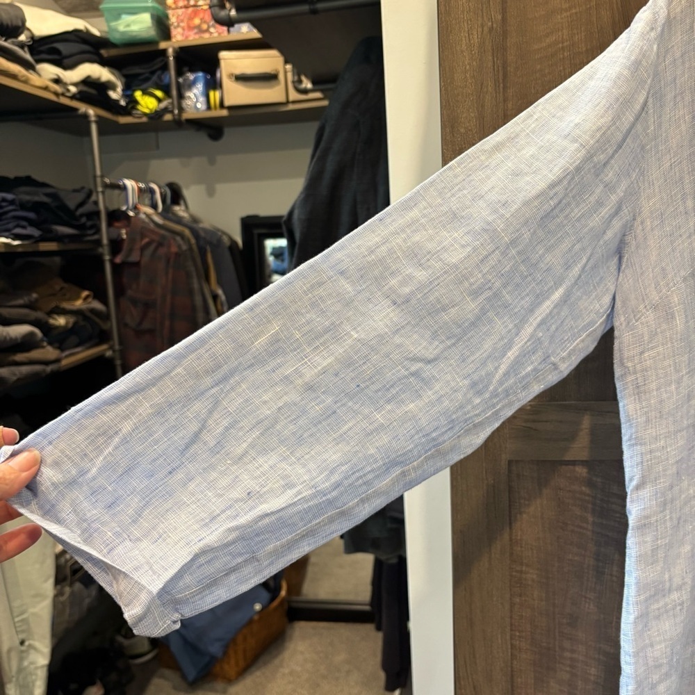 French Curve Linen shirt dress Small Tunic Cover up Blue Long Roll Tab Sleeves - Picture 8 of 12
